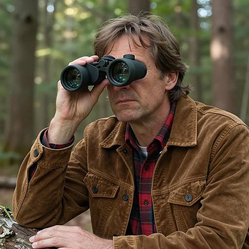 Middle-aged Man Observing with Binoculars in Forest