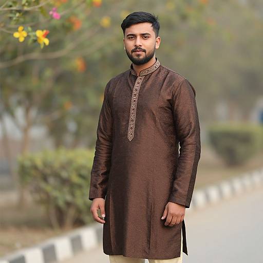 Photograph of a handsome South Asian man with dark hair and beard, wearing a brown, embroidered traditional long kurta, standing outdoors on a blurred,