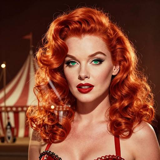 Photograph-style digital artwork of a fair-skinned woman with vibrant red curly hair, green eyes, and red lipstick, wearing a black sequined top