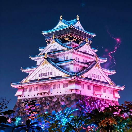 Photograph of a brightly illuminated, multi-tiered Japanese castle at night, surrounded by vibrant neon lights and glowing flowers against a dark sky.