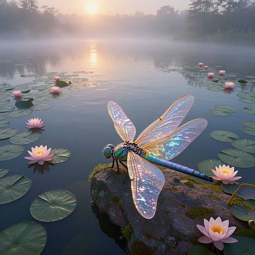 Photograph of a shimmering blue dragonfly with iridescent wings perched on a rock in a misty, sunlit pond with pink water