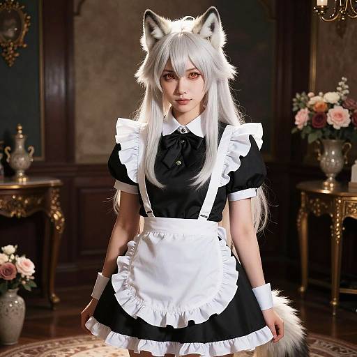 Digital anime-style image of a white-haired woman with wolf ears, wearing a black and white maid outfit, standing in an ornate, vintage room with