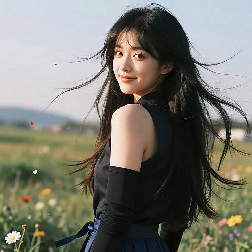 Photograph of an East Asian woman with long black hair, wearing a black sleeveless dress and gloves, smiling in a sunny meadow with colorful wild
