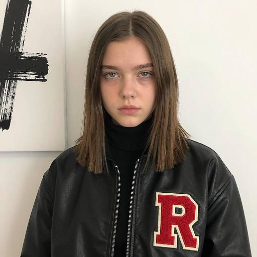 Young woman in black leather jacket with red 'R'