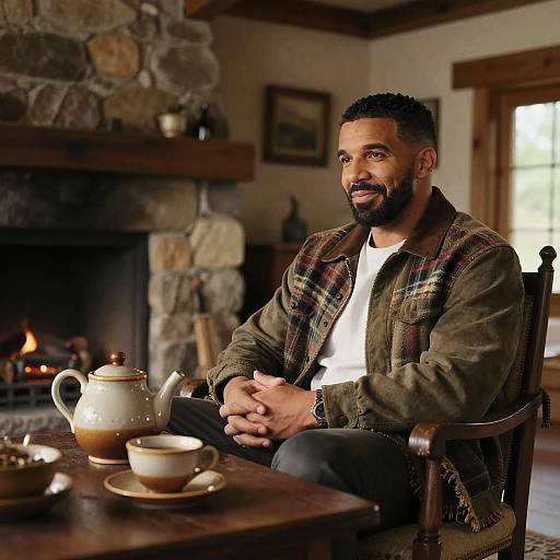 Photograph of a bearded, dark-skinned man with short curly hair, wearing a plaid jacket over a white shirt, sitting by a stone