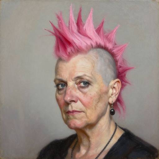 Photorealistic painting of an elderly woman with shaved sides and vibrant pink spiky hair, wearing black earrings and a black top.