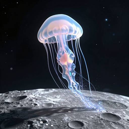 Photorealistic CGI of a glowing jellyfish with translucent, flowing tentacles gently descending onto a textured, cratered moon surface in a dark, star