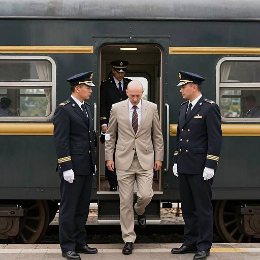 Bald Man Assisted by Uniformed Conductors Exiting Train