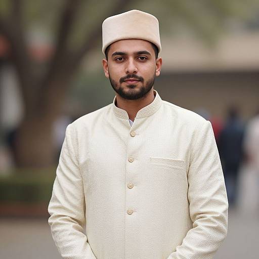 Photograph of a South Asian man with a short beard, wearing a white traditional long kurta and matching cap, standing outdoors with a blurred background.