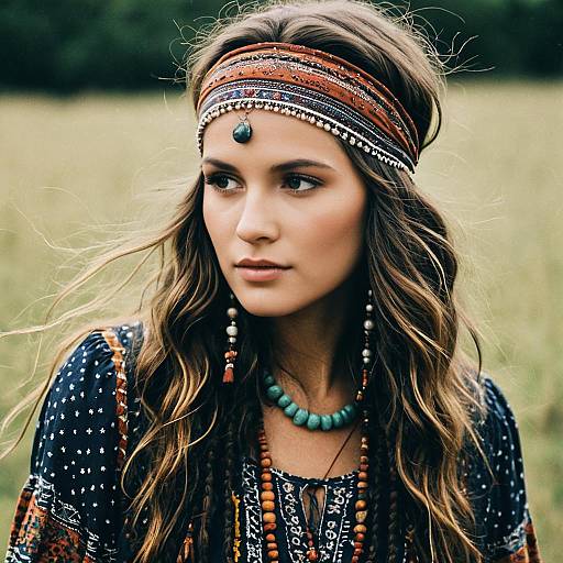 Photograph of a young woman with long, wavy brown hair, wearing a patterned headband, turquoise bead necklace, and bohemian-style