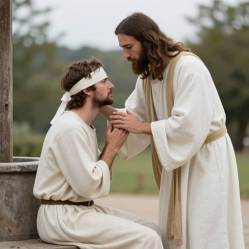 Photograph of two long-haired, bearded men in white robes and headbands, standing outdoors; one kneels, hands clasped, as the