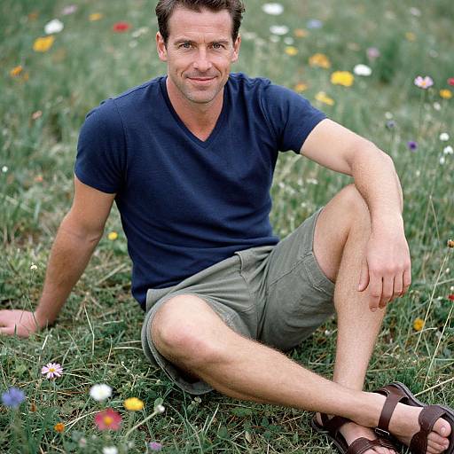 Photograph of a smiling, middle-aged man with short brown hair, wearing a navy t-shirt, gray shorts, and brown sandals, sitting in a