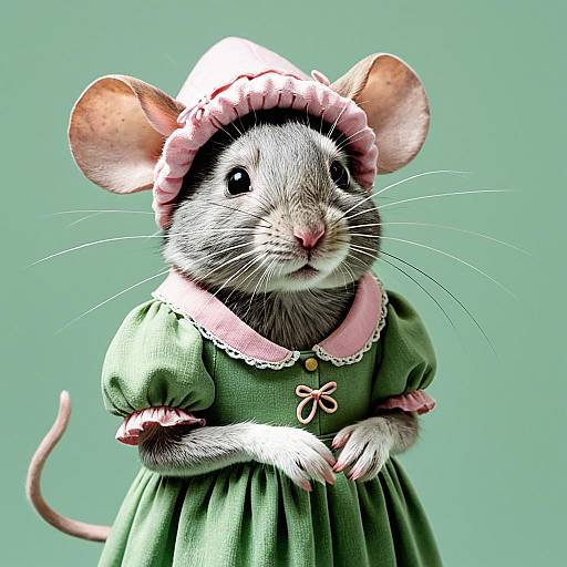 Female Mouse in Pink Bonnet and Green Dress