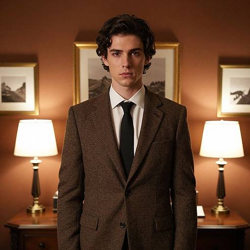 Photograph of a serious-looking young man with wavy brown hair, wearing a brown tweed suit, white shirt, and black tie, standing in
