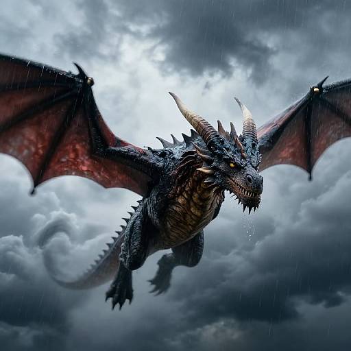 Photorealistic digital artwork of a fierce black dragon with red wings, sharp horns, and dripping saliva, flying against a stormy, cloudy sky.