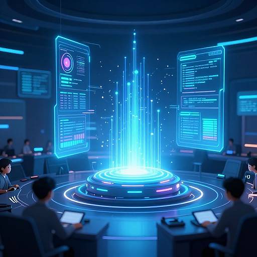 Digital CGI image of a futuristic control room with glowing blue holographic screens and a central luminous tower, surrounded by technicians.