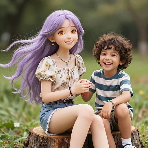 Digital artwork of a smiling girl with purple hair and denim shorts, and a curly-haired boy in a striped shirt, sitting on a tree stump in a