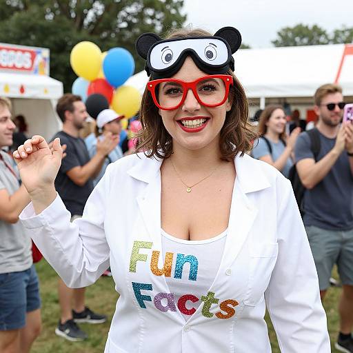 Photograph of a smiling woman with red glasses, bear ears, and 