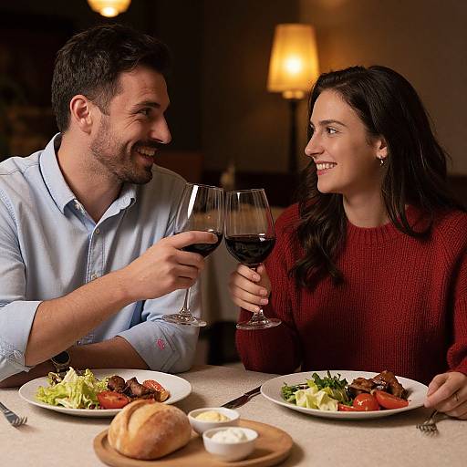 Photograph of a smiling couple clinking wine glasses at a warmly-lit dinner table with plates of food and a bread roll.