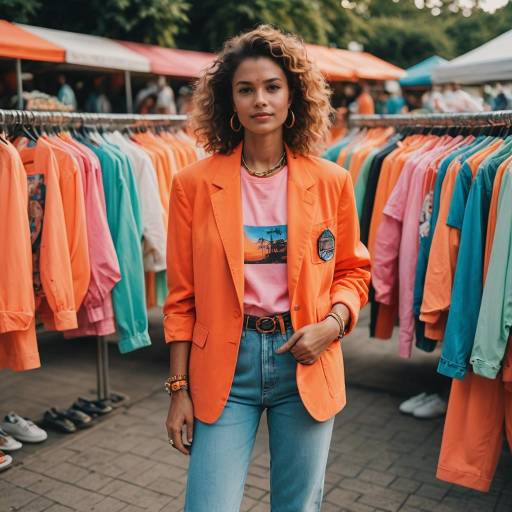 Woman in 80s Style Orange Blazer at Open-Air Market