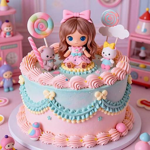 Digital illustration of a pastel-themed, two-tiered cake featuring a girl with brown hair, blue eyes, and a pink bow, surrounded by candy