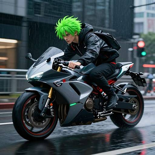 Anime-style photograph of a green-haired character in a black leather jacket riding a sleek, silver motorcycle on a rainy city street.