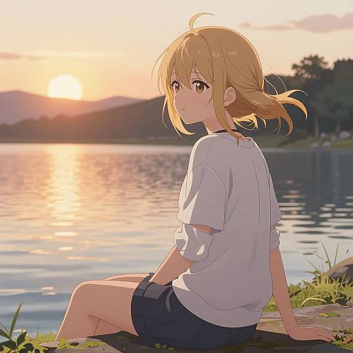 Anime-style digital drawing of a blonde girl with yellow eyes, wearing a white shirt and black shorts, sitting by a serene lake at sunset, looking back