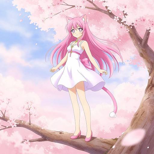 Anime-style digital drawing of a pink-haired girl with cat ears, wearing a white dress and pink shoes, standing on a cherry blossom tree branch against a