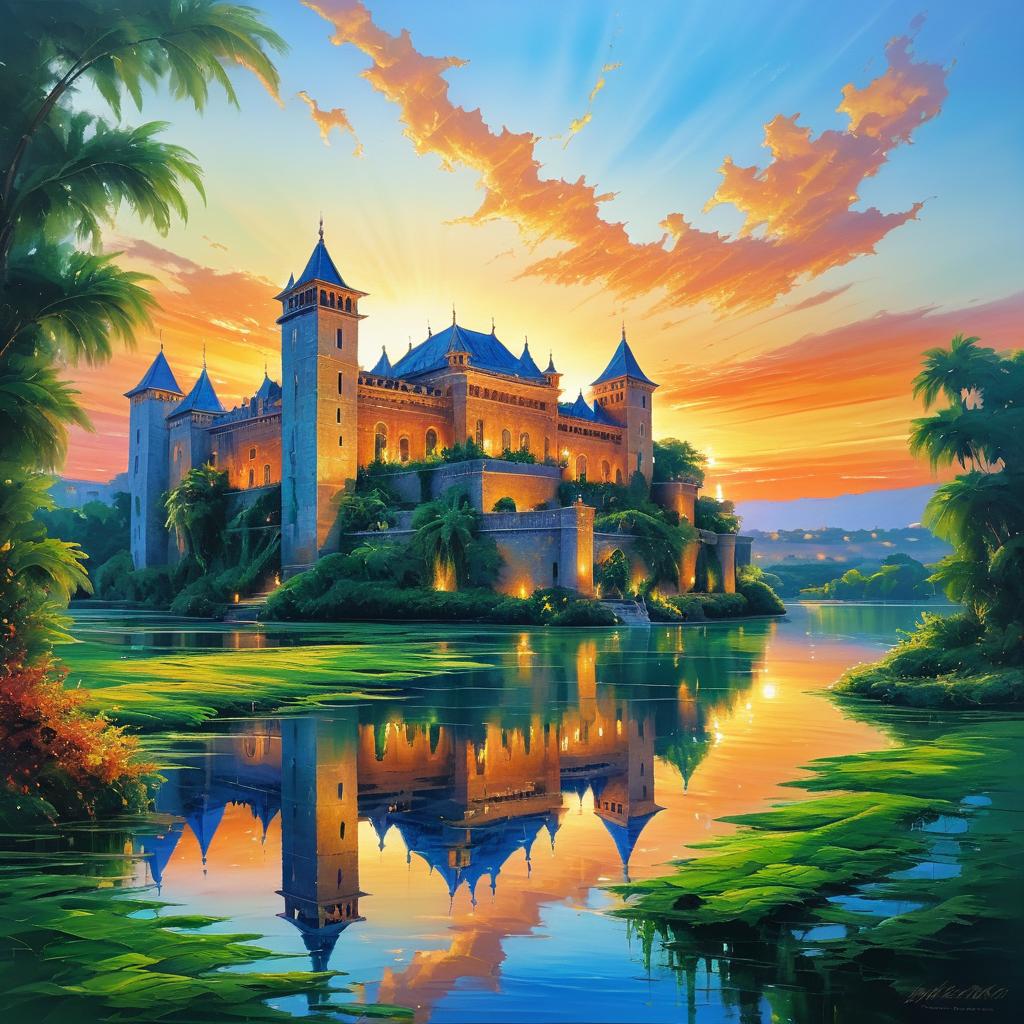 Stunning Sunset Castle Oil Painting