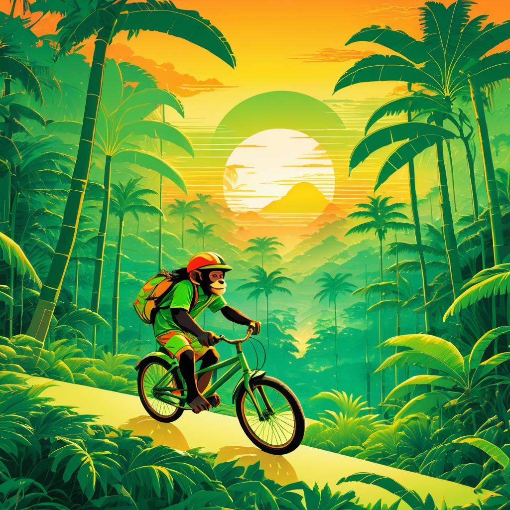 Monkey on a Bicycle in Jungle Sunset