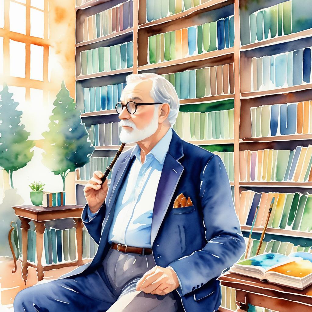 Elderly Man in Serene Library Scene