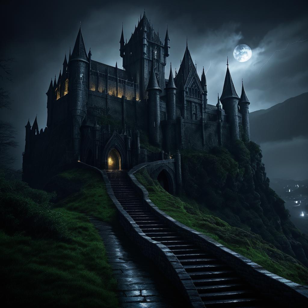 Eerie Elven Castle in Stormy Night