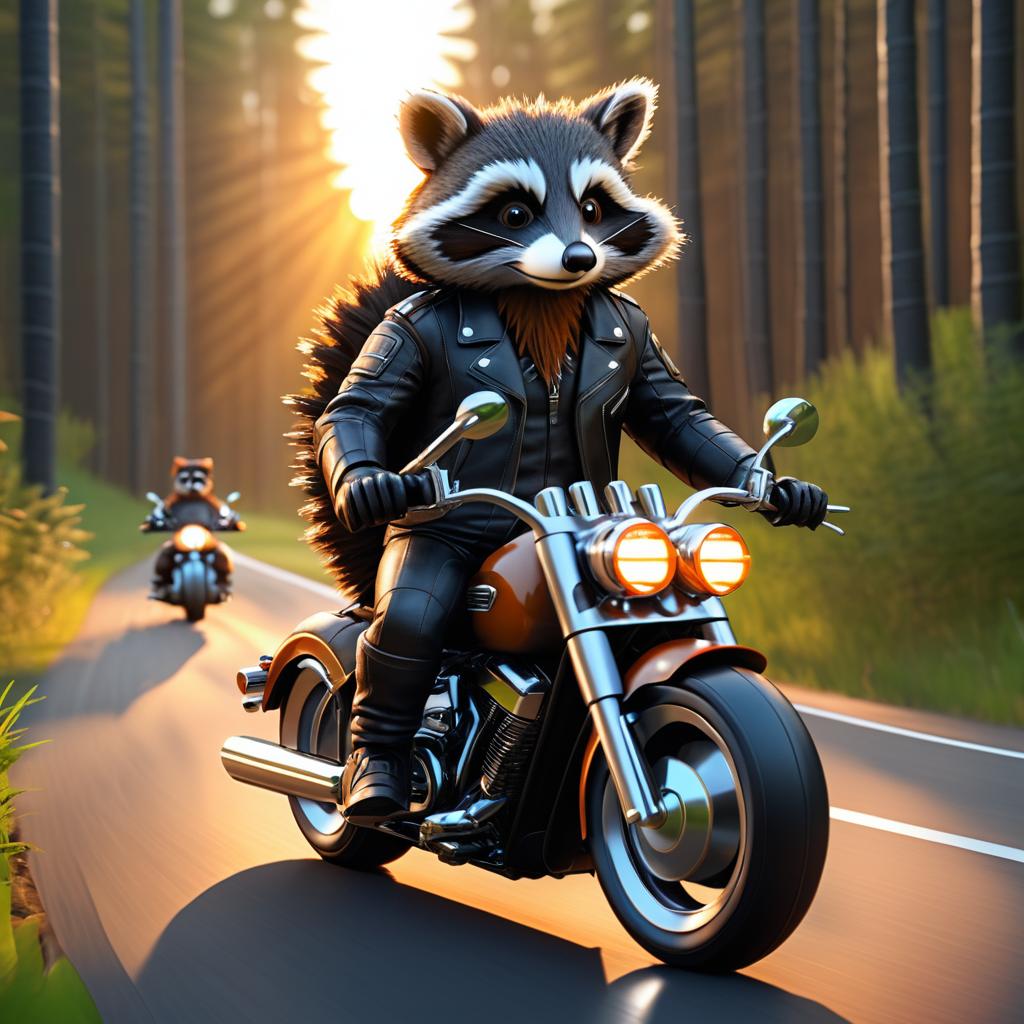 Biker Raccoon Riding through a Sunset