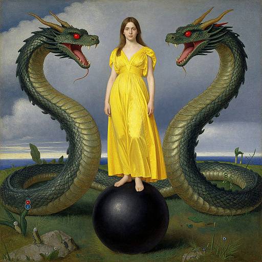 Digital art: Pale-skinned woman with long brown hair in yellow dress stands on black sphere, flanked by two fierce green dragons with red eyes,