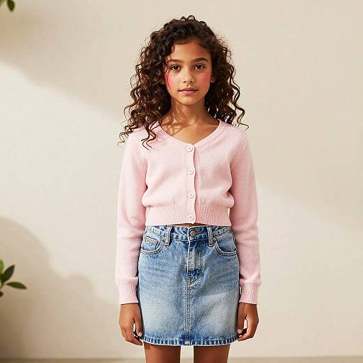 Photograph of a young woman with curly dark hair, wearing a pink cardigan and blue denim skirt, standing against a plain white background.