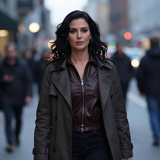 Photograph of a confident woman with wavy black hair, wearing a dark green coat and brown leather jacket, standing in a blurred, urban street with
