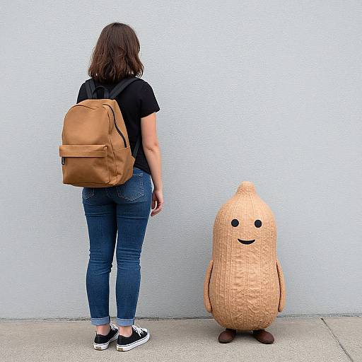 Photograph of a woman with brown backpack and blue jeans, standing beside a smiling, anthropomorphic, textured banana plush toy against a white wall.