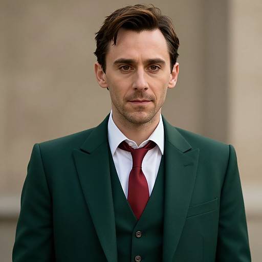 Photograph of a handsome, dark-haired man with light skin, wearing a dark green three-piece suit, white shirt, and maroon tie, standing