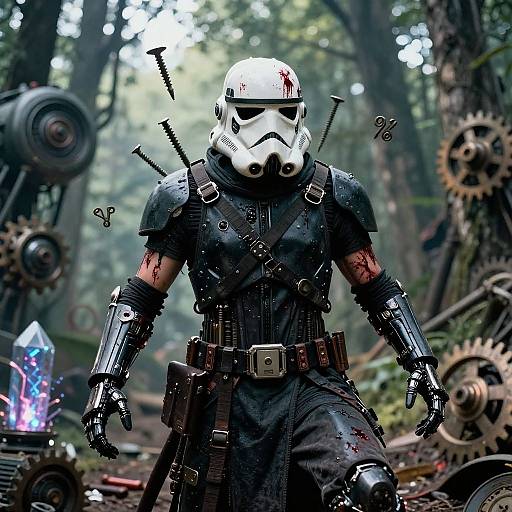 Digital art: Cybernetic Stormtrooper with bloodstained helmet, black armor, red tattoos, and metal arm bracers, surrounded by forest
