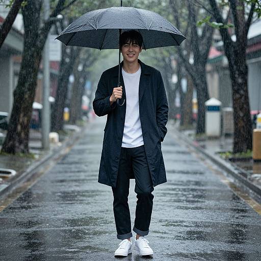 Photograph of a smiling Asian man with short black hair, wearing a black coat, white t-shirt, black pants, and white shoes, holding a