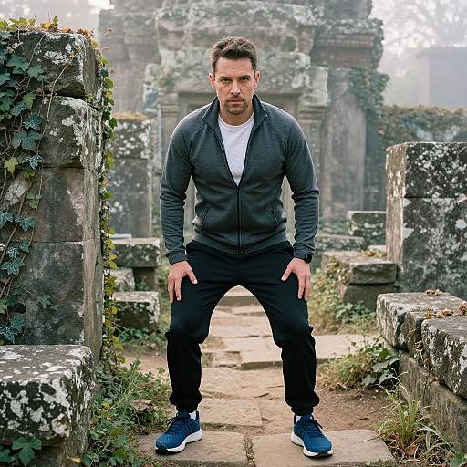 Photograph of a muscular, dark-haired man in a black zip-up jacket, white t-shirt, black pants, and blue sneakers, standing with legs