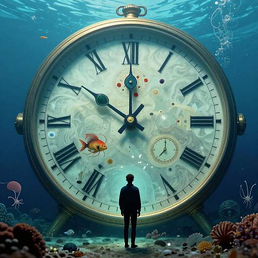 Digital art: Silhouetted man stands before enormous, underwater, glowing clock face with Roman numerals, fish, and coral, surrounded by ocean