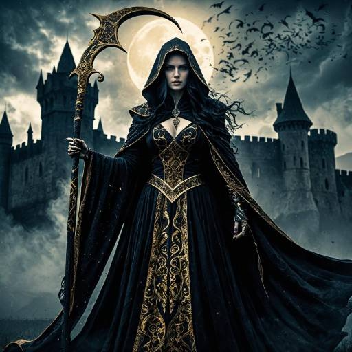 Dark Sorceress with Scythe in Front of Castle