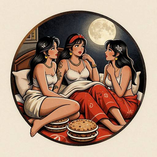 Digital illustration of three women with black hair, wearing white and red outfits, sitting on a bed under a full moon, sharing three pies, in a