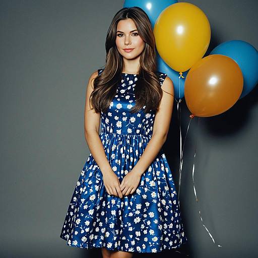 Young Woman in Blue Floral Dress with Balloons