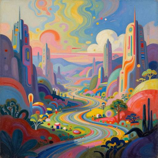 Vibrant surreal landscape painting with swirling colors, winding path, futuristic towers, and glowing orbs against a psychedelic sunset sky.
