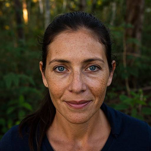 Photograph of a middle-aged woman with blue eyes, freckled face, dark brown hair in a ponytail, wearing a black top, against