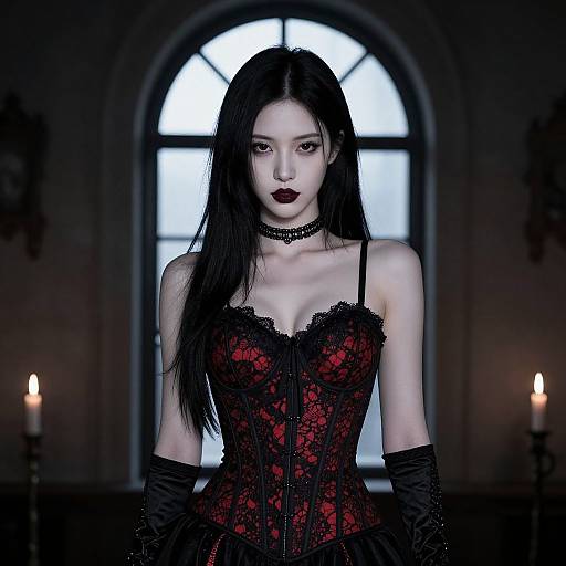 Gothic Woman in Dimly Lit Room