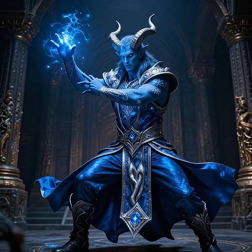Digital artwork of a blue-hued, horned demon warrior in ornate, glowing armor, conjuring blue magical energy in a dark, grand cathedral