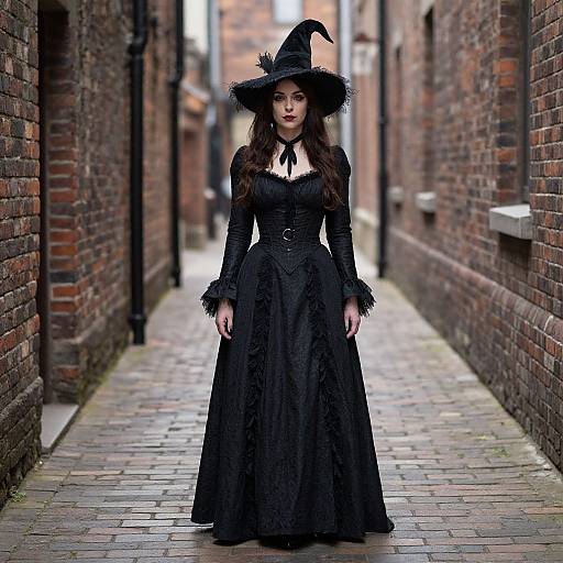 Photograph of a young woman in a black Victorian-style dress and witch hat standing in a narrow brick alleyway.